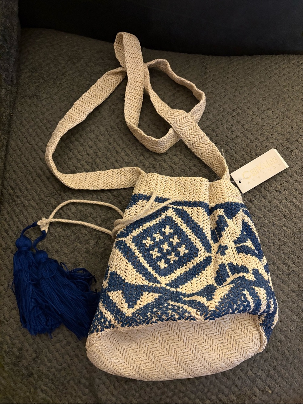 Straw Blue and Cream Crossbody Bucket Bag - Boho Chic